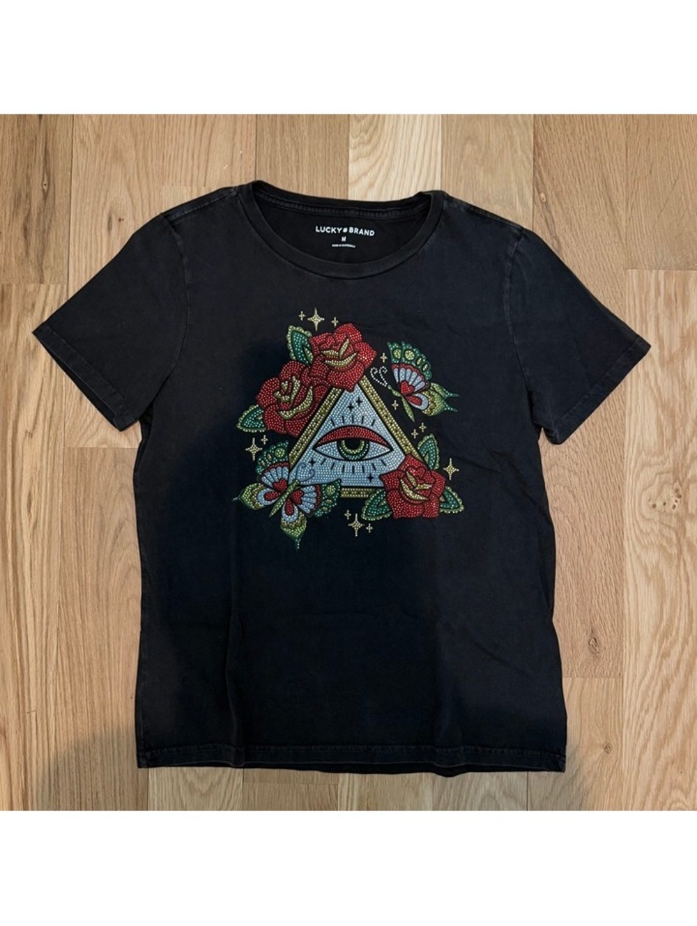 lucky brand all-seeing eye floral black graphic t-shirt size medium